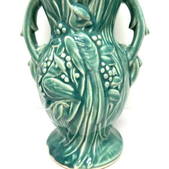 Vintage McCoy Bird of Paradise Floral Raised 3D Teal Aqua Turquoise Vase Signed - Picture 6 of 11